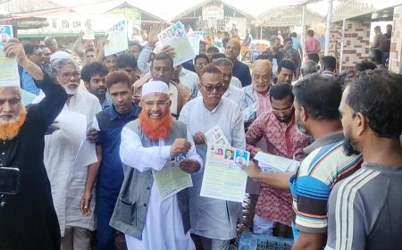 সাতক্ষীরা-৩ আসনে মহেশ্বরকাটি বাজারে বিএনপির প্রার্থী কাজী আলাউদ্দিনের লিফলেট বিতরণ