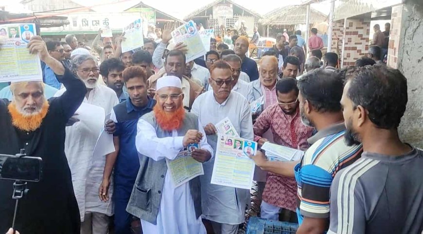 সাতক্ষীরা-৩ আসনে মহেশ্বরকাটি বাজারে বিএনপির প্রার্থী কাজী আলাউদ্দিনের লিফলেট বিতরণ