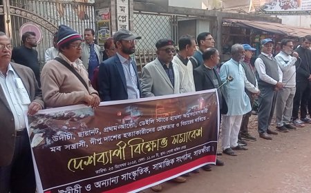 উদীচী, ছায়ানট, প্রথম আলো, ডেইলি স্টার কার্যালয়ে হামলা, ভাংচুর ও অগ্নিসংযোগসহ দীপু দাসকে নির্যাতনের পর পুড়িয়ে হত্যার প্রতিবাদে সাতক্ষীরায় মানববন্ধন