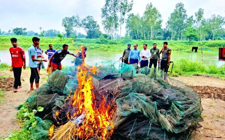 গোপালপুরে মোবাইল কোর্ট পরিচালনায় ৩০০ মিটার চায়না জাল পুড়িয়ে বিনষ্ট