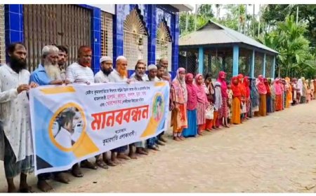 জামালপুরে ঈদগাহ মাঠের উন্নয়ন কাজে বাধা প্রদান ও  হামলার প্রতিবাদে মানববন্ধন ও বিক্ষোভ