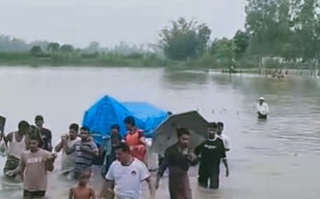 ঠাকুরগাঁও হরিপুরে গলা সমান পানি পেরিয়ে মায়ের মর'দেহ কব'রস্থানে নিয়ে যাচ্ছেন সন্তান