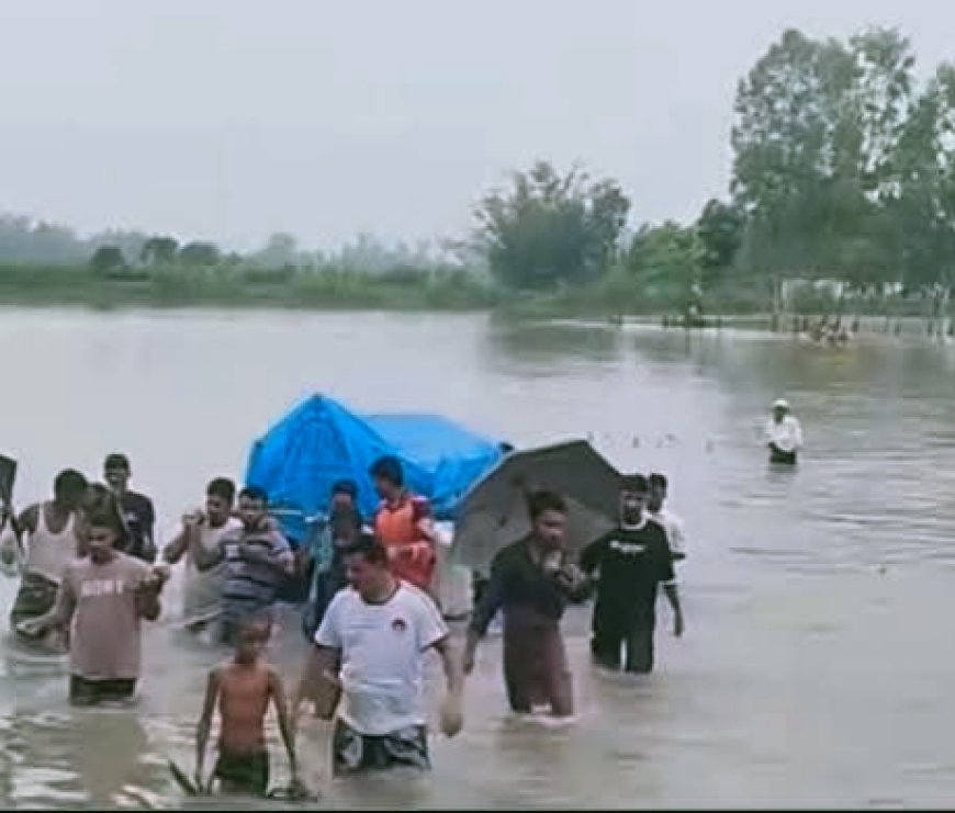 ঠাকুরগাঁও হরিপুরে গলা সমান পানি পেরিয়ে মায়ের মর'দেহ কব'রস্থানে নিয়ে যাচ্ছেন সন্তান